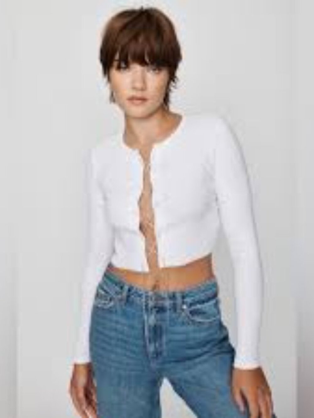 Garage Diamond Chain Top White Rhinestone Crop Long Sleeve Y2K Western